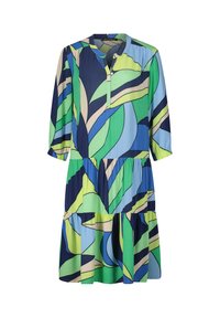 Farbiger Kleid mit auffälligen Blättermustern in Grün, Blau und Beige. Hergestellt aus leichtem Stoff, hat es ein gestuftes Design und einen kleinen Ausschnitt.
