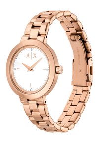 Roséguld armbandsur med en slät metallarmband, rund klocka, vit urtavla, minimalistiska markörer och tre visare, med en logo vid 12:00.