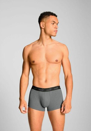 Gray boxer briefs with a black elastic waistband featuring the Puma logo. The fabric appears smooth and stretchy for comfort.