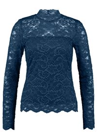 Top in pizzo blu navy con maniche lunghe e colletto alto. Motivo floreale con orlo a vento. Il materiale sembra delicato e testurizzato.