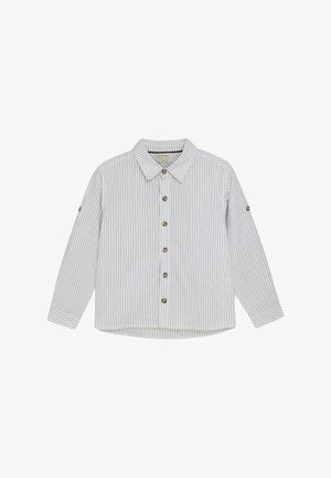 Prugasta srajca z gumbi v svetlo modri in beli barvi, narejena iz mehkega blaga. Ima ovratnik, dolge rokave in pet rjavih gumbov spredaj.