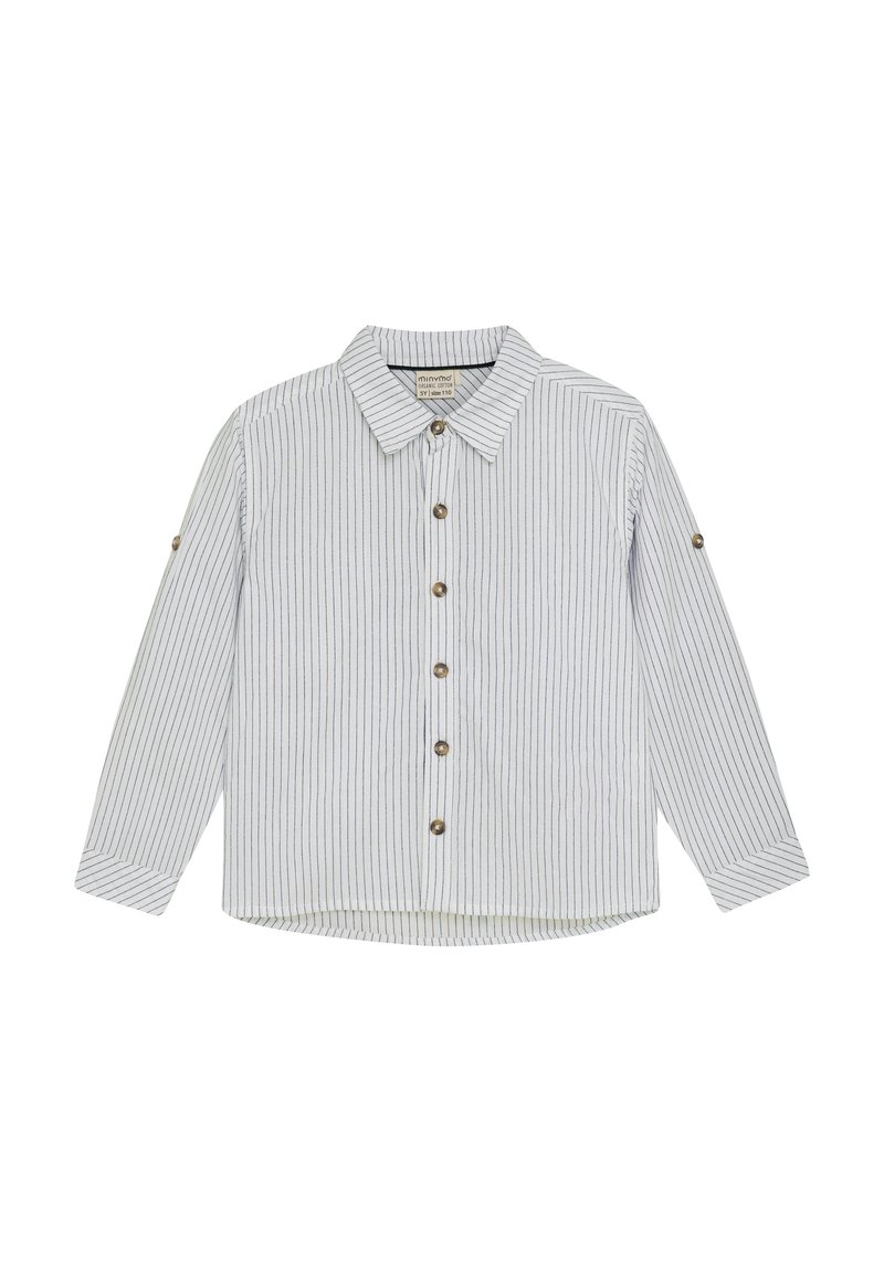 Camicia a righe azzurro chiaro e bianco, realizzata in tessuto morbido. Presenta un colletto, maniche lunghe e cinque bottoni marroni sul davanti.