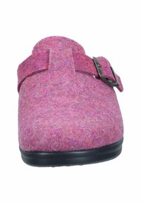 Pink felt slipper with a rounded toe, featuring a fabric strap and metal buckle. Black rubber sole with a smooth texture.
