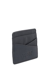 Black leather cardholder with a smooth texture, featuring three slots for cards and embossed logo detail on the front. Compact and rectangular.