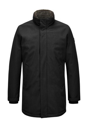 Black winter coat with high collar, long sleeves, front pockets, and a concealed front closure, shown on a white background.
