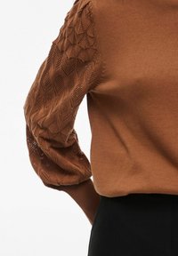 Pull marron avec des manches longues en tricot texturé présentant un motif en losanges. Le corps est lisse et ajusté, contrastant avec les manches détaillées.
