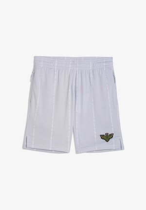 Lichtgrijze meshshorts met een elastische tailleband, voorzien van zijzakken en een kleurrijk geborduurd embleem aan de onderkant van de rechterkant.