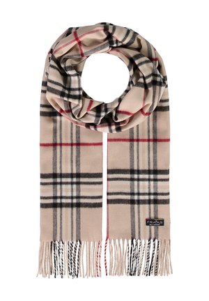 Beige huivi, jossa musta, valkoinen ja punainen ruudullinen kuvio, hapsutetut päät ja pieni musta etiketti toisella puolella.