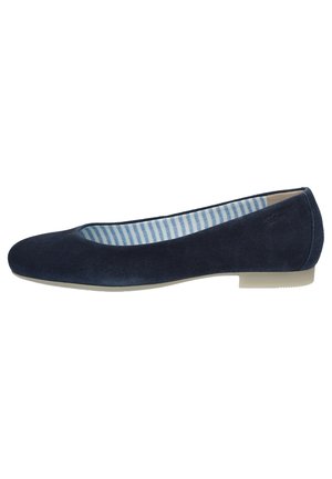 Navy suede ballet flat with rounded toe, fitted design, and a smooth texture. Interior features blue and white striped lining.