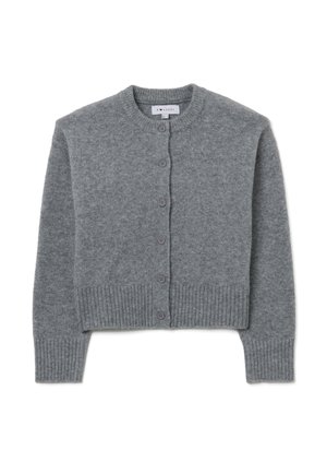 Gray wool cardigan with a round neckline, ribbed hem and cuffs, and six button closures down the front. Soft texture, cropped design.