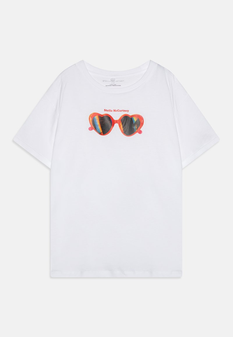 T-shirt branca de algodão com um gráfico de óculos de sol em forma de coração colorido e o texto "Stella McCartney" impresso acima. Mangas curtas.