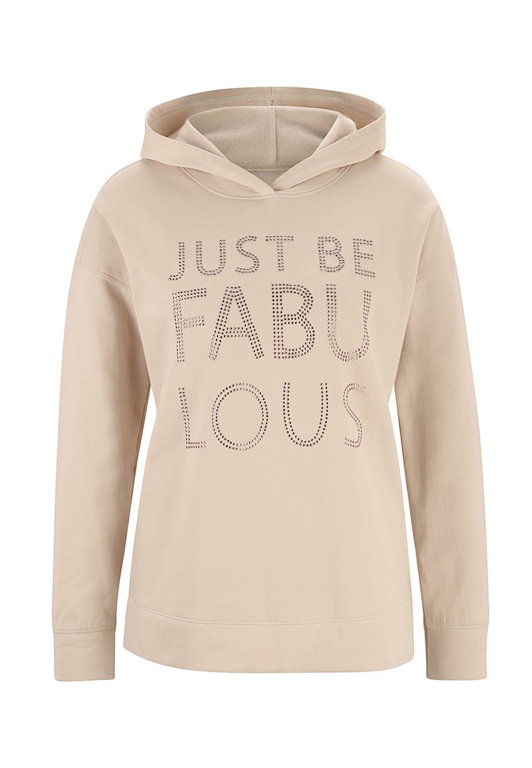Beige Kapuzenpullover aus weichem Stoff, mit der Aufschrift "JUST BE FABU LOUS" in mit Strass besetztem Schriftzug. Lange Ärmel und lässige Passform.
