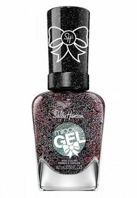 Sally Hansen Miracle Gel nagellack i en klar glasflaska har ett svart lock med en vit rosett-design och flerfärgad glitter i hela.