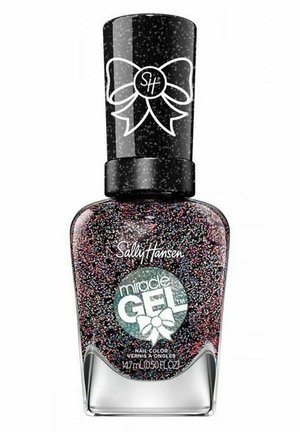 Sally Hansen Miracle Gel nagellack i en klar glasflaska har ett svart lock med en vit rosett-design och flerfärgad glitter i hela.