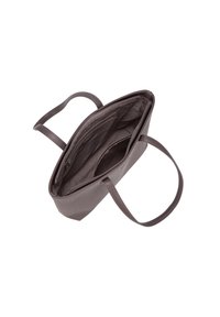 Borsa tote sintetica marrone con due manici, forma rettangolare, scomparti interni e una tasca con zip. Texture liscia con dettagli minimi.