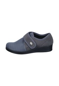 Gray fabric shoes with a textured mesh front and soft suede accents. Features a wide Velcro strap and a low, black wedge sole.