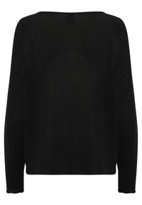 Black knitted sweater with a loose fit, long sleeves, and a wide neckline. Textured fabric with subtle sheen and no visible embellishments.