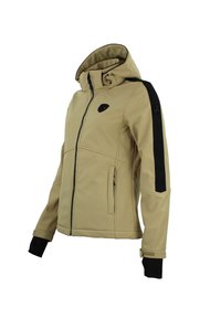 Veste beige avec un col montant et des accents noirs, dotée d'une fermeture éclair à l'avant, de deux poches latérales et d'une texture douce et lisse.