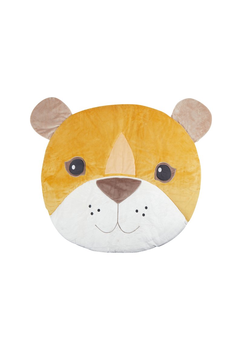 Round plush rug shaped like a lion's face, featuring yellow and white fabric, with two black eyes, small ears, and stitched details.