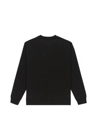 Sudadera negra hecha de tela suave con cuello redondo, manga larga, puños y dobladillo de canalé. Sin logotipos ni patrones visibles.