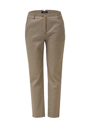 Pantalones a medida en patrón de espiga pequeño en marrón y beige, con cierre de botón y pasadores para cinturón, de corte recto.