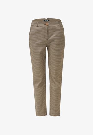 Brown and beige small houndstooth patterned tailored pants with a button closure and belt loops, straight-leg fit.