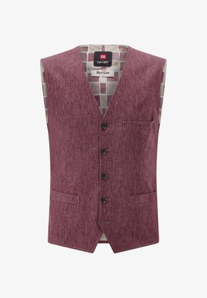 Burgunderfarbene Weste aus strukturiertem Stoff, mit V-Ausschnitt, sechs Knöpfen auf der Vorderseite und einer einzelnen Brusttasche. Gefüttert mit einem gemusterten Innenfutter.