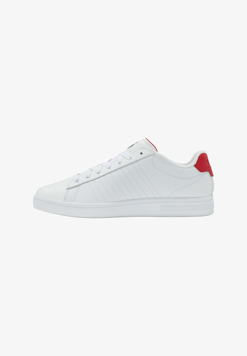 White low-top sneakers with a smooth leather finish, featuring red accents on the heel, white laces, and subtle side stitching.