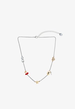 Zilveren ketting met verschillende bedels: rode kersen, gouden ster, slot, sleutel en een fonkelend hart. Voorzien van een karabijnhaak en verstelbare lengte.