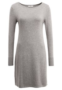 Graues gestricktes Kleid mit langen Ärmeln, rundem Ausschnitt, gerippten Bündchen und geradem Schnitt, aus weichem Material gefertigt.