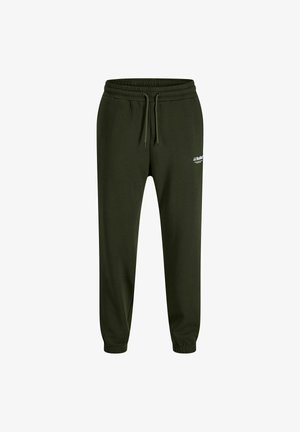 Dark green sweatpants made of soft material, featuring an elastic waistband with drawstring and ribbed cuffs. Small white logo detail on side.