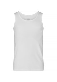 Hvid bomulds tanktop med rund halsudskæring, ærmeløs design og en glat tekstur. Grundlæggende stil uden mønstre eller yderligere detaljer.