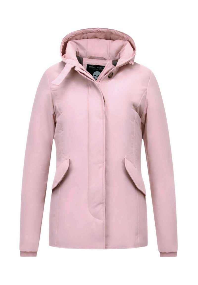 Lichtroze gewatteerde jas met een capuchon, voorzien van een knoopsluiting aan de voorkant, twee zijzakken en geribbelde manchetten. Soepele, lichtgewicht stof.