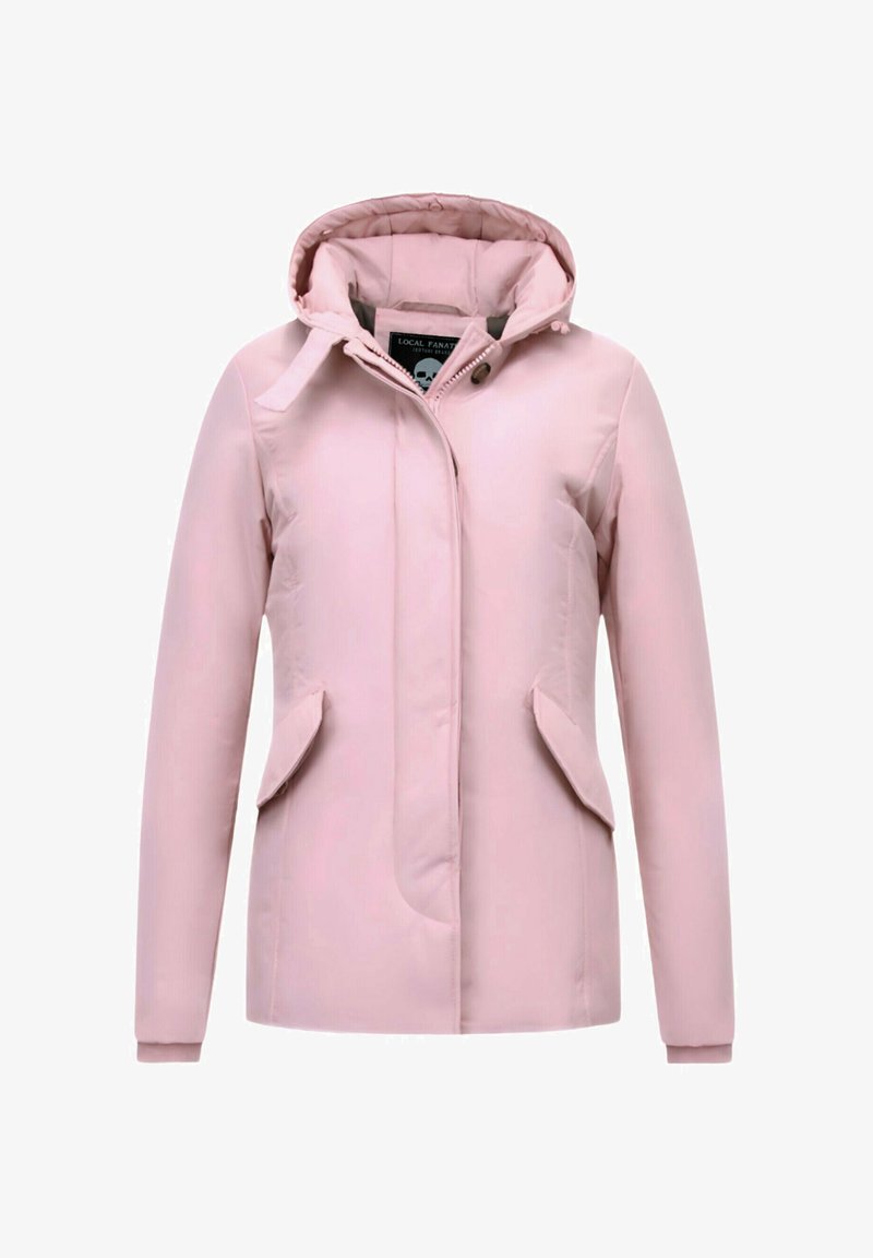 Lichtroze gewatteerde jas met een capuchon, voorzien van een knoopsluiting aan de voorkant, twee zijzakken en geribbelde manchetten. Soepele, lichtgewicht stof.