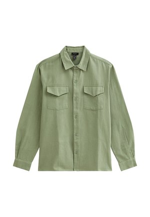 Olive green shirt made of soft fabric, featuring a classic collar, button front, and two chest pockets with flap closures. Long sleeves.
