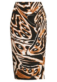 Jupe crayon noire, marron et crème avec un motif de papillons. Tissu lisse avec un design ajusté et un détail fente sur le côté.