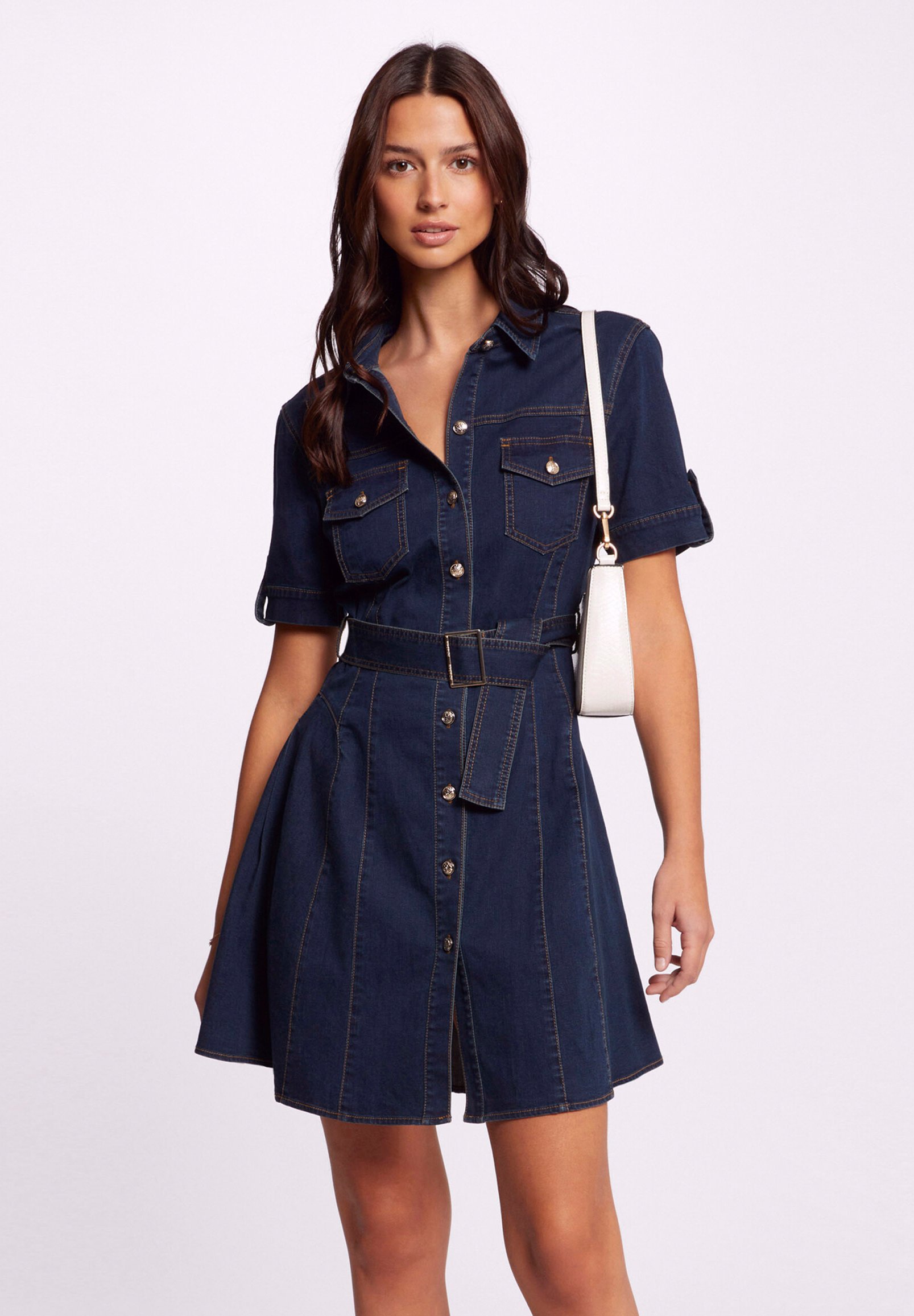 slim fit dress slacks Fitted Denim Button Down Dress Blue Denim / Small (0/2)