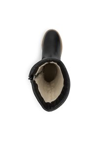 Zwarte leren laars met een ronde neus, rits aan de zijkant en een zachte beige bontvoering die zichtbaar is vanuit het bovenaanzicht. Gelaagde oppervlak.