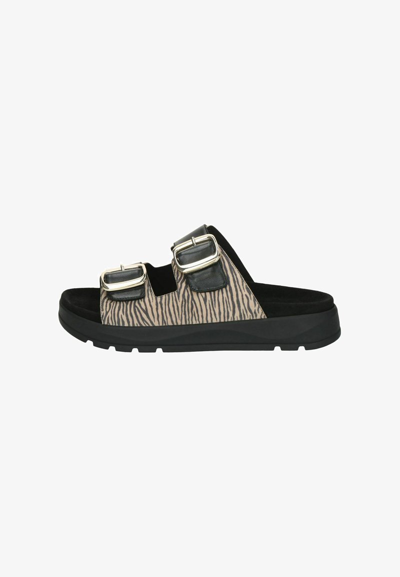 Sandali con zeppa neri e beige con motivo a strisce zebra, due fibbie e tomaia testurizzata. Suola in gomma per aderenza e comfort.