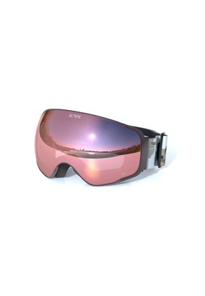 Lunettes de ski avec une lentille miroir rose, une sangle noire ajustable et le logo "SLOPE" en haut à gauche de la lentille, reflétant un paysage au coucher du soleil.