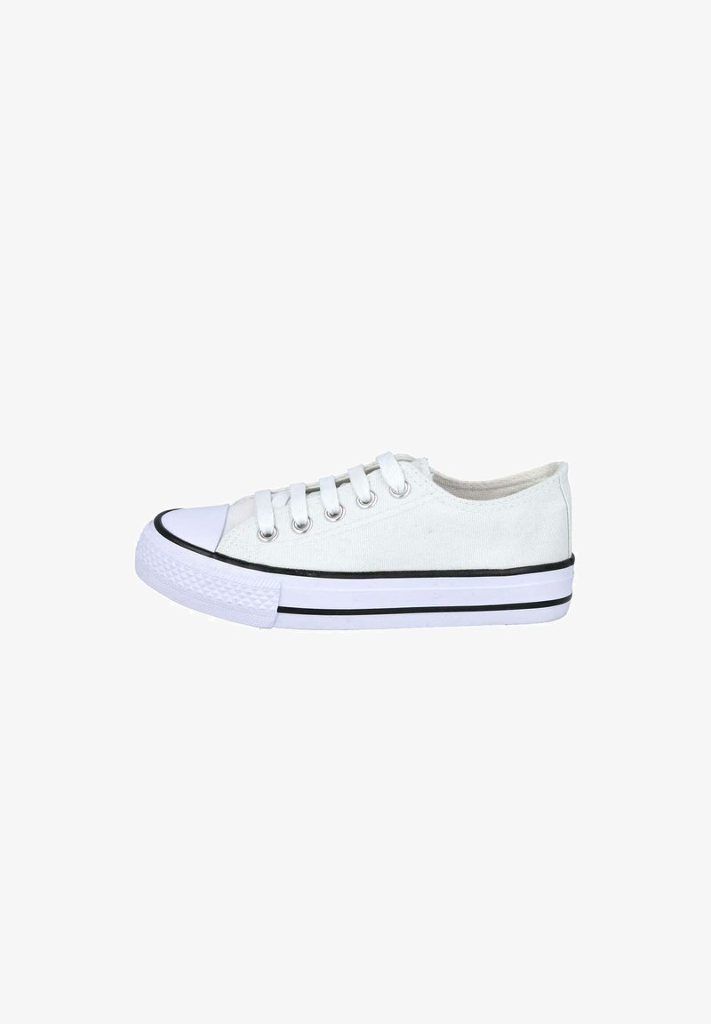 Zapatilla deportiva de lona blanca, baja, con cordones blancos, puntera de goma y suela blanca con franjas negras, mostrada en perfil lateral derecho.