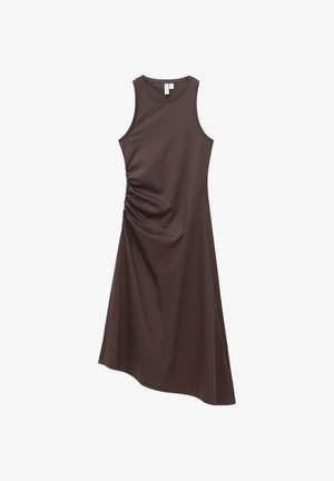 Ärmelloses dunkelbraunes Midikleid mit rundem Ausschnitt, gerafftem Detail auf der linken Seite und asymmetrischem Saum.