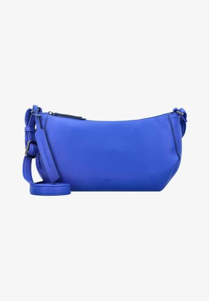 Bolso clutch de cuero azul con acabado texturizado, cierre de cremallera y correa desmontable. Forma elegante con bordes curvados y un aspecto suave.