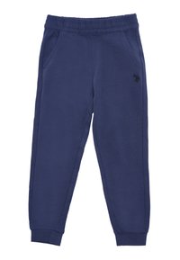 Pantaloni tuta navy realizzati in tessuto morbido, con vita elasticizzata, tasche laterali e un logo nero accentato sulla coscia sinistra.