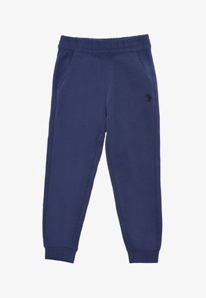 Pantaloni tuta navy realizzati in tessuto morbido, con vita elasticizzata, tasche laterali e un logo nero accentato sulla coscia sinistra.