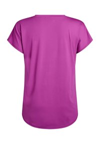 Purple short-sleeve top with a round neckline. Smooth fabric, slightly curved hem, and relaxed fit; no patterns or embellishments.