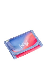 Wallet in gradient colors of blue and pink, made from soft fabric, features a zip closure and a logo printed on the front.