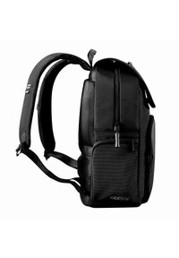 Black backpack with padded, adjustable straps, multiple zippered compartments, textured fabric, and branded accent on the lower front.