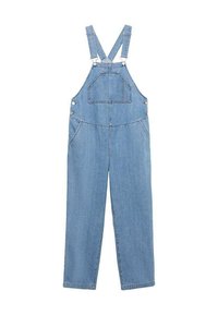 Denim narodne hlače v svetlo modri barvi, z nastavljivimi naramnicami, sprednjim žepom na prsih in dvema stranskima žepoma ter ravnimi nogami.