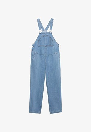Denim narodne hlače v svetlo modri barvi, z nastavljivimi naramnicami, sprednjim žepom na prsih in dvema stranskima žepoma ter ravnimi nogami.